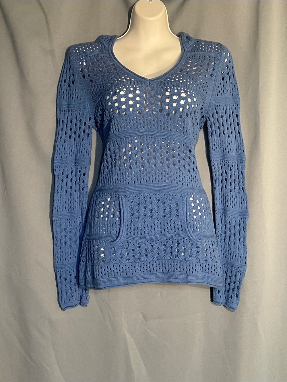 VENUS Blue Open-Knit V-Neck Sweater with Kangaroo Pocket